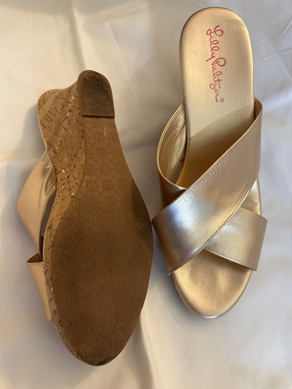 Lilly Pulitzer Metallic Gold Cork Cross-Strap Wedge Slides